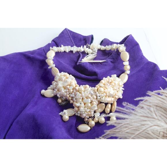 Vintage Ivory Pearl Shell Bohemian Chunky Statement Necklace Layered Beaded - Picture 2 of 15